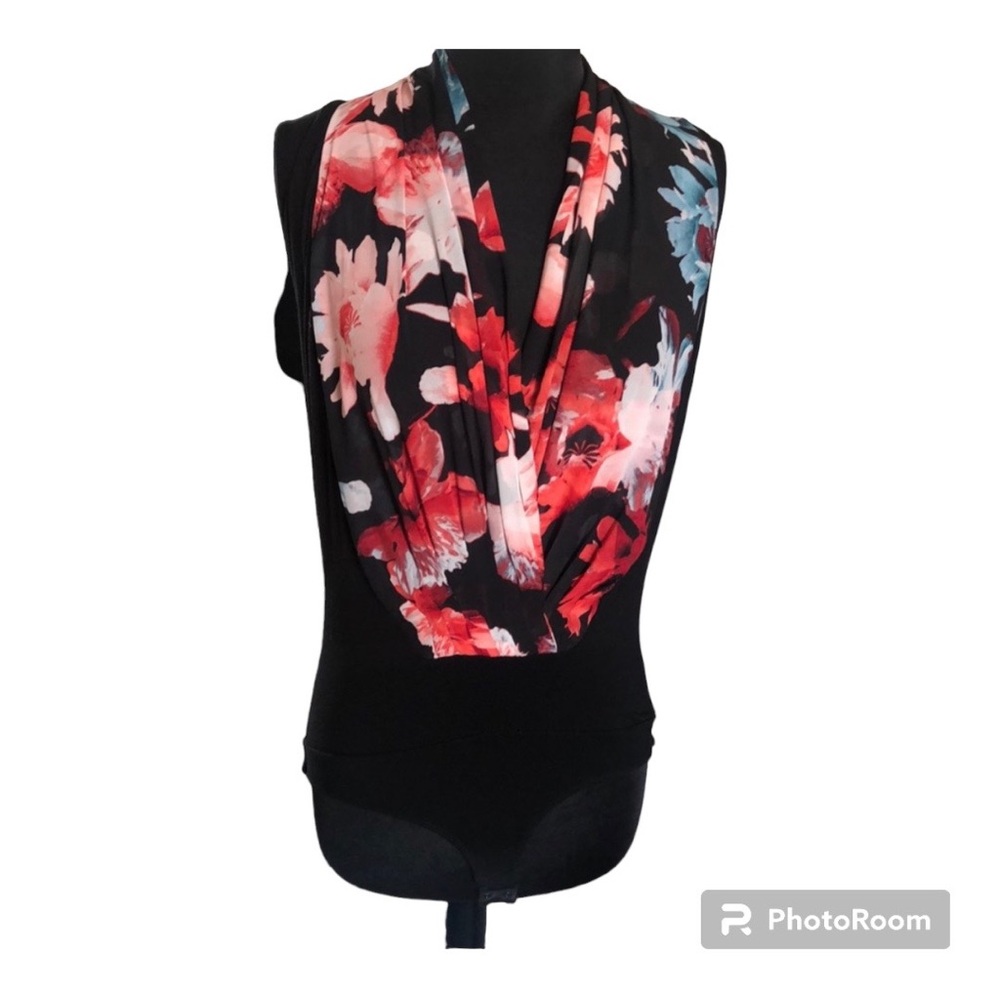 NY & Company Eva Mendes Floral Black Bodysuit, Blouse Size- XL